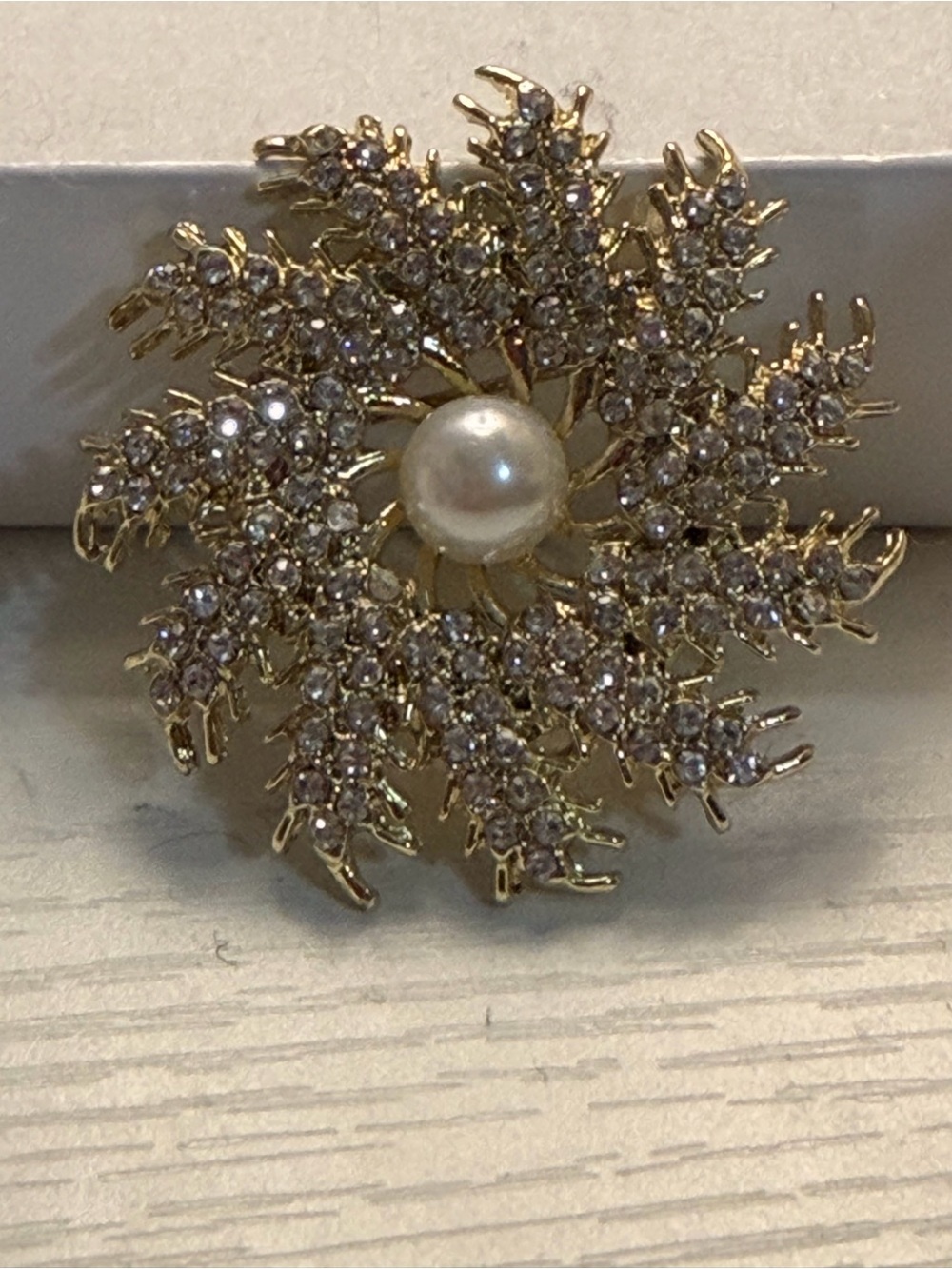 Gold-Tone Crystal Floral Brooch with Pearl Center